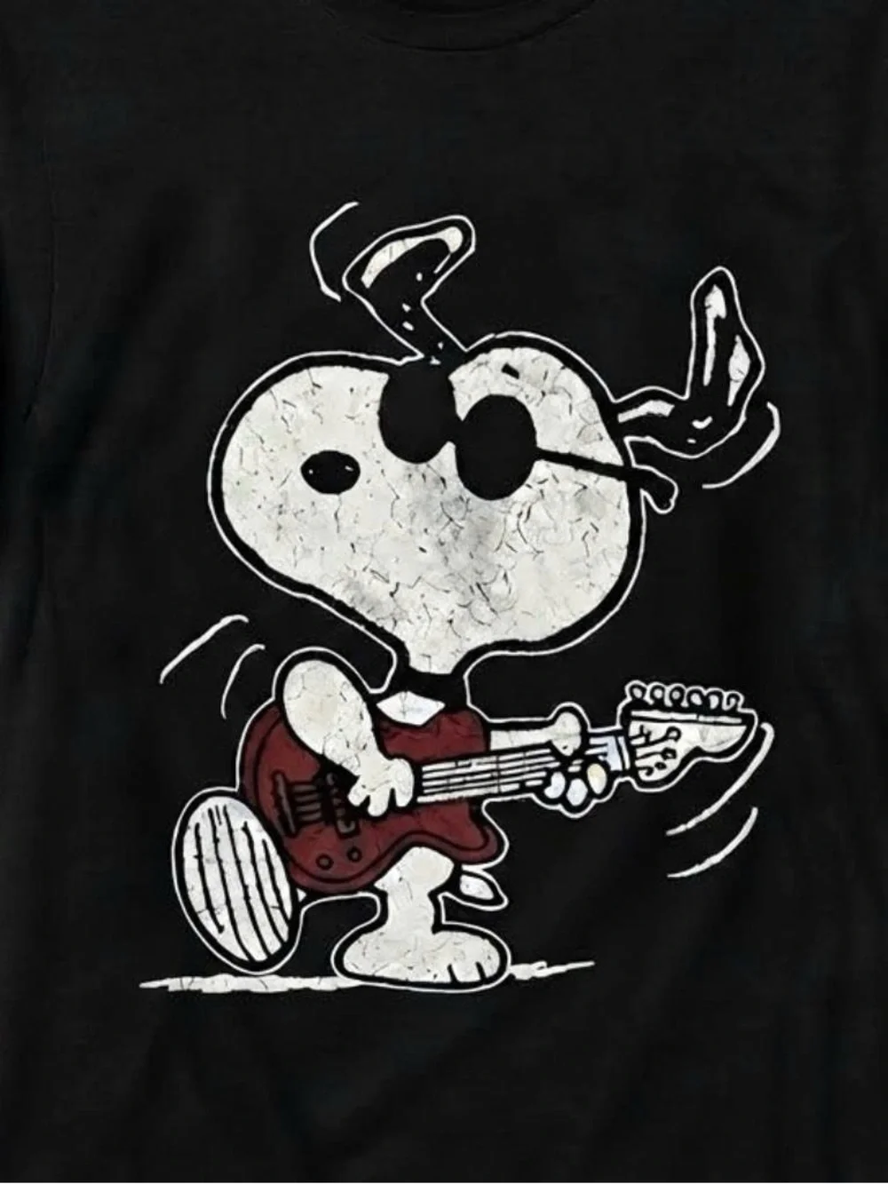 Gildan Black Tee with White Snoopy and Red Guitar